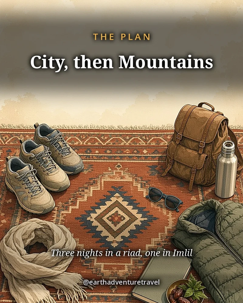 Illustration: an overhead flat lay on an ochre-red kilim, with walking shoes, a linen scarf, sunglasses, a leather daypack, a plain bottle, a down jacket, a notebook and a brass dish of dates and mint, original illustrated plan card for 5 days in Marrakech and the Atlas