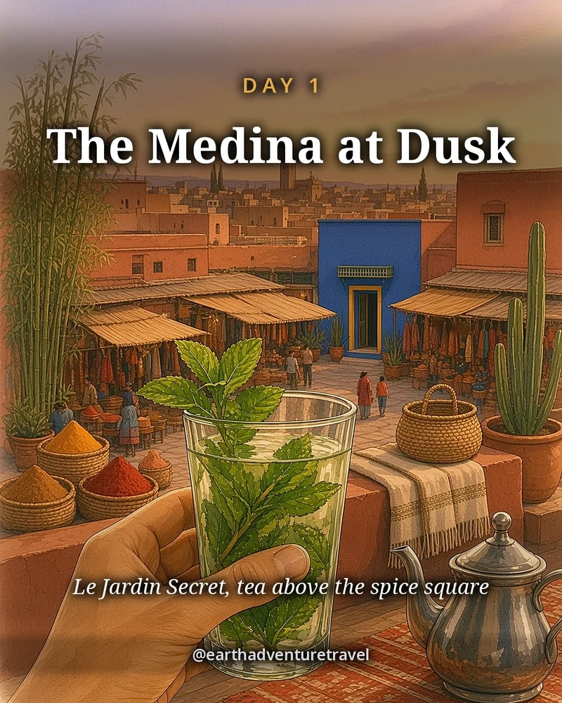 Illustration: a hand lifting a glass of mint tea beside a silver teapot on a rooftop above the Rahba Kedima spice square in Marrakech, illustrated day card for Day 1