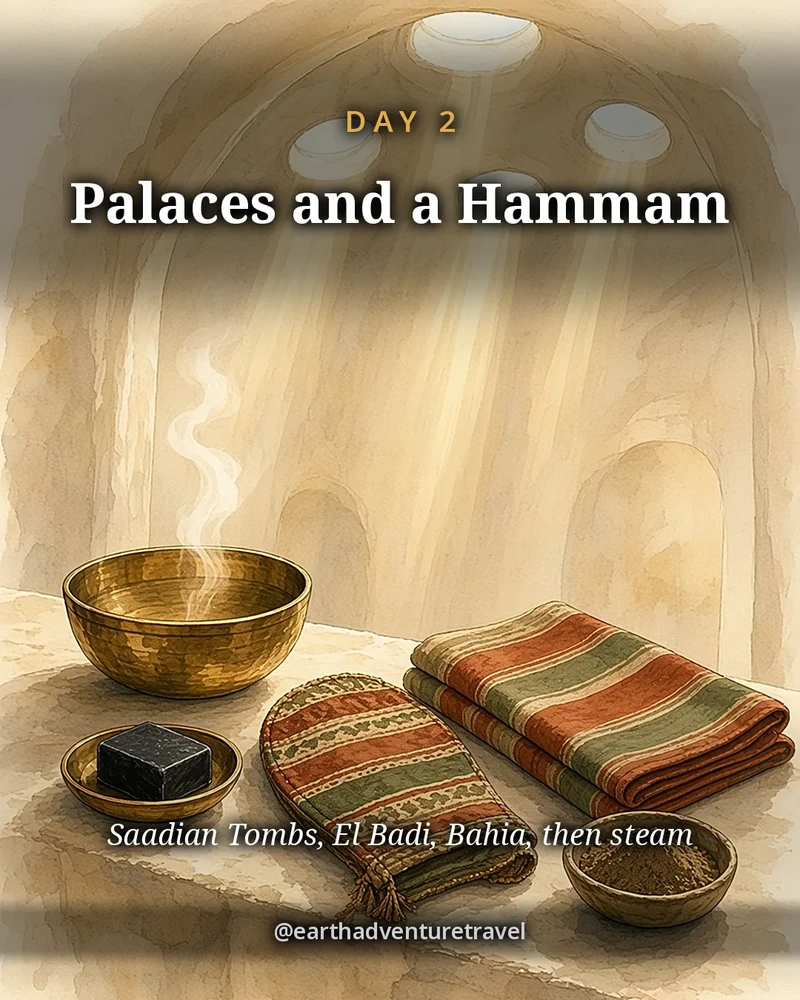 Illustration: a hammam still life with a brass bowl, black soap, a kessa mitt, a striped towel and rhassoul clay, steam rising under round dome skylights, illustrated day card for Day 2