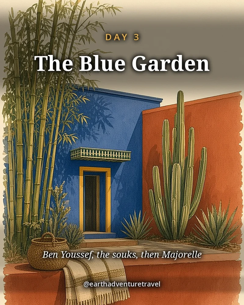 Illustration: a Majorelle-blue wall with a yellow-trimmed door, bamboo and cactus, a folded souk textile and a basket on an earthen wall, illustrated day card for Day 3