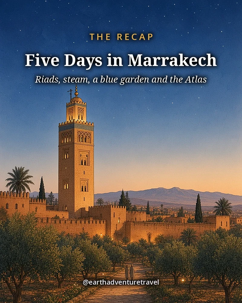 Illustration: the Koutoubia minaret at blue hour over orange-tree gardens and the red ramparts, the High Atlas faint behind and the first stars, a tiny couple in the garden, original illustrated recap card