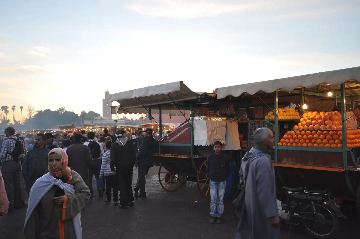 Jemaa el-Fnaa square in Marrakech with food stalls and crowds