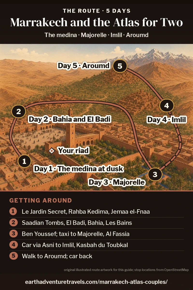 Illustration: a bird’s-eye view looking south from the Marrakech medina and the Koutoubia minaret toward the snowy Atlas, with the five-day route in order: Day 1 the medina at dusk, Day 2 palaces and a hammam, Day 3 Jardin Majorelle, Day 4 by car via Asni to Imlil, Day 5 a walk to Aroumd.