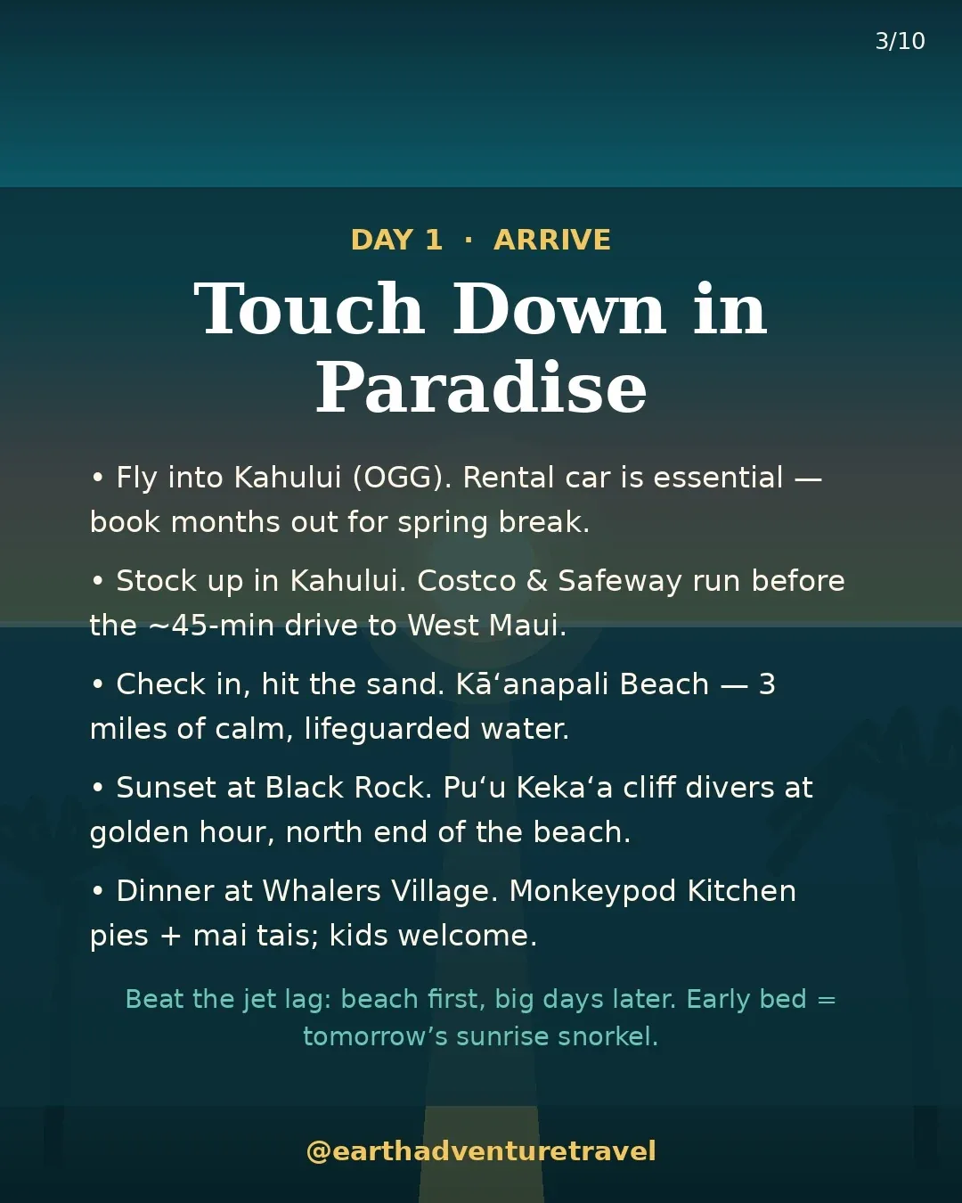 Day 1 graphic: arrive on Maui, settle into Kāʻanapali