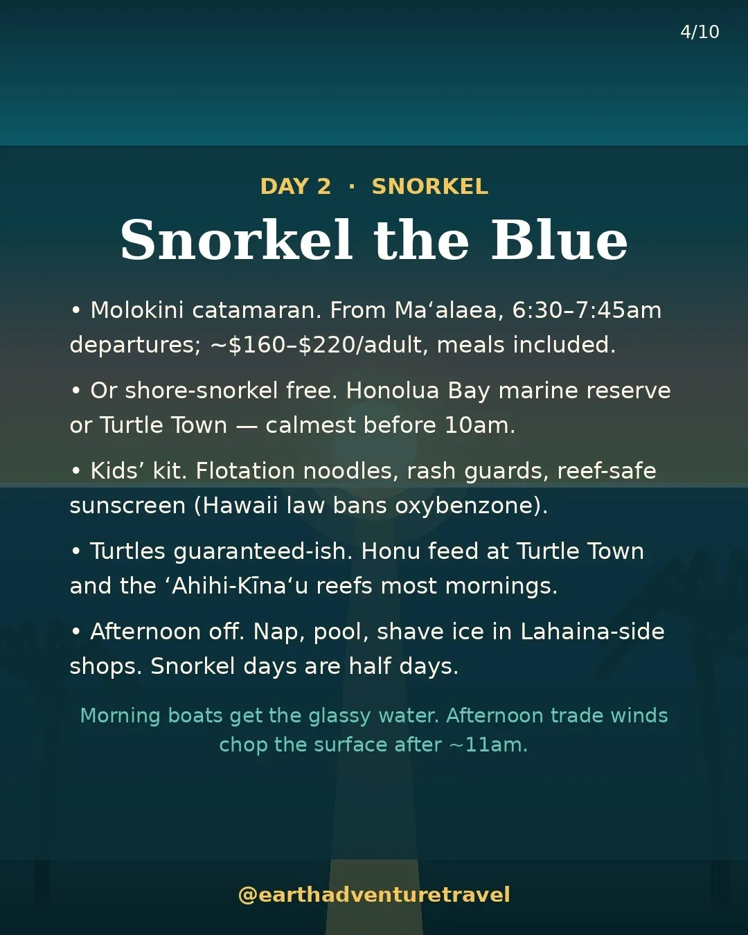 Day 2 graphic: snorkel Molokini or the shore reefs