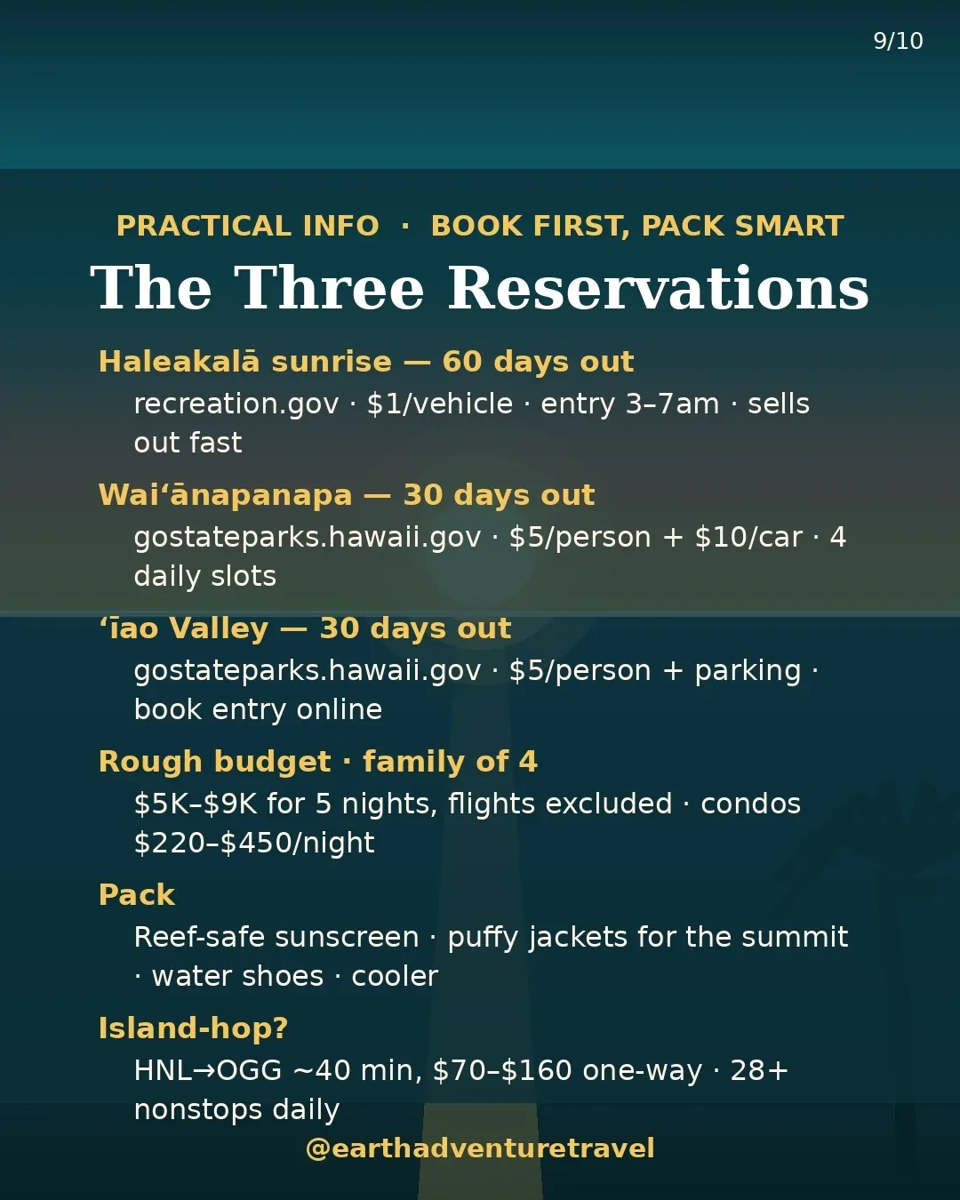 Practical information graphic: Maui reservations, budget, and packing