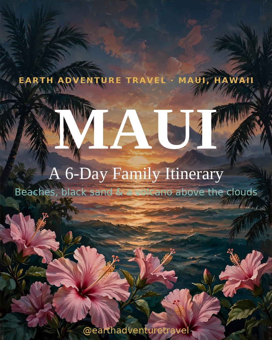 Illustrated Maui cover: golden sunset over the ocean with palm silhouettes and hibiscus