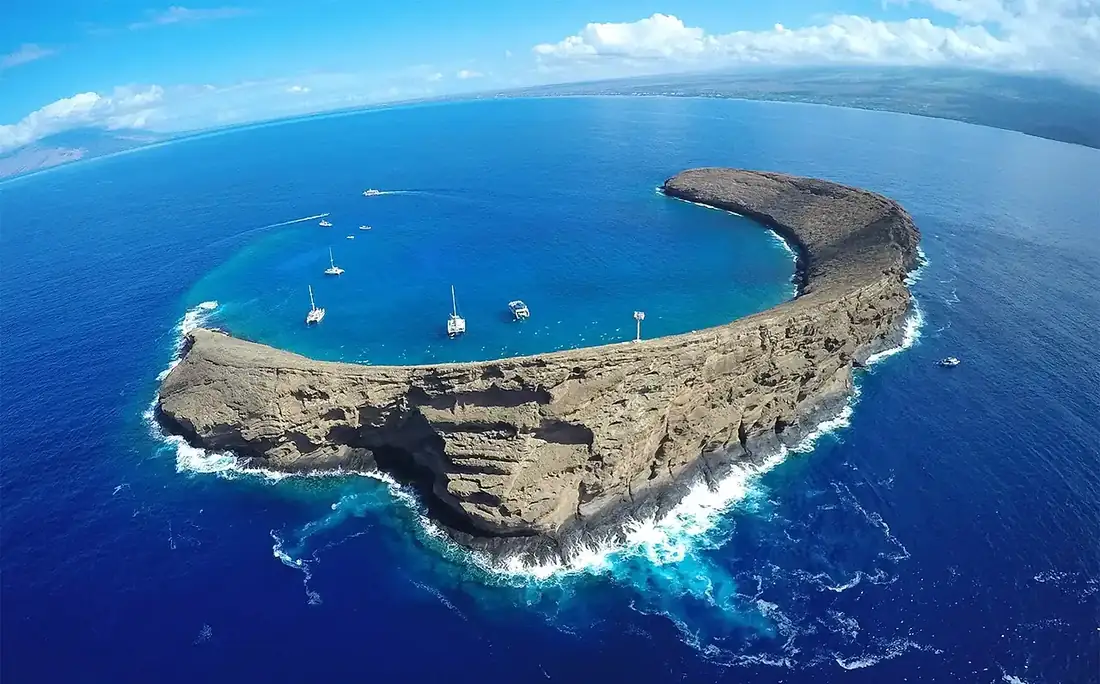 Molokini crater from above with snorkel boats