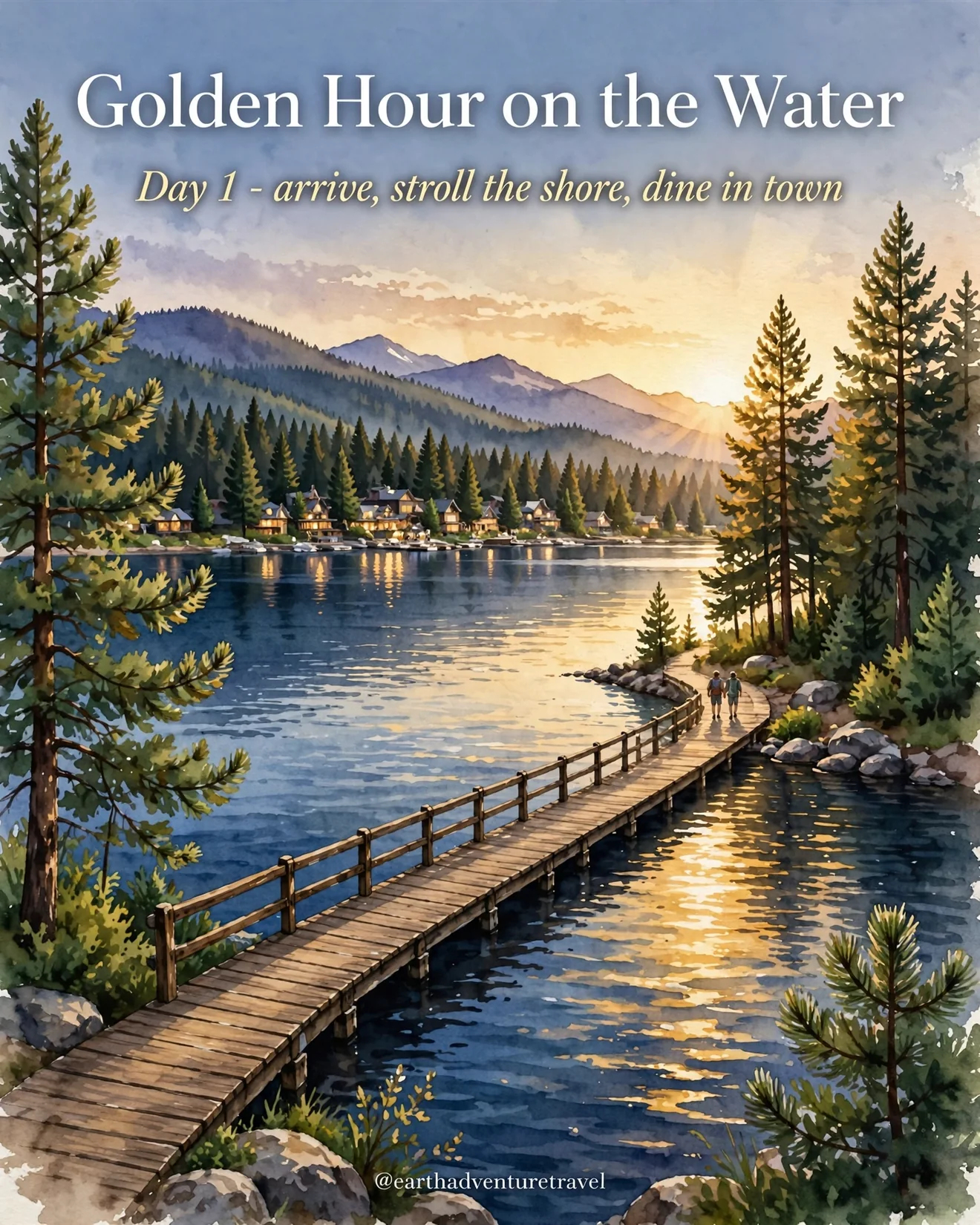 Day 1 itinerary card: golden hour on Payette Lake with a lakeside boardwalk