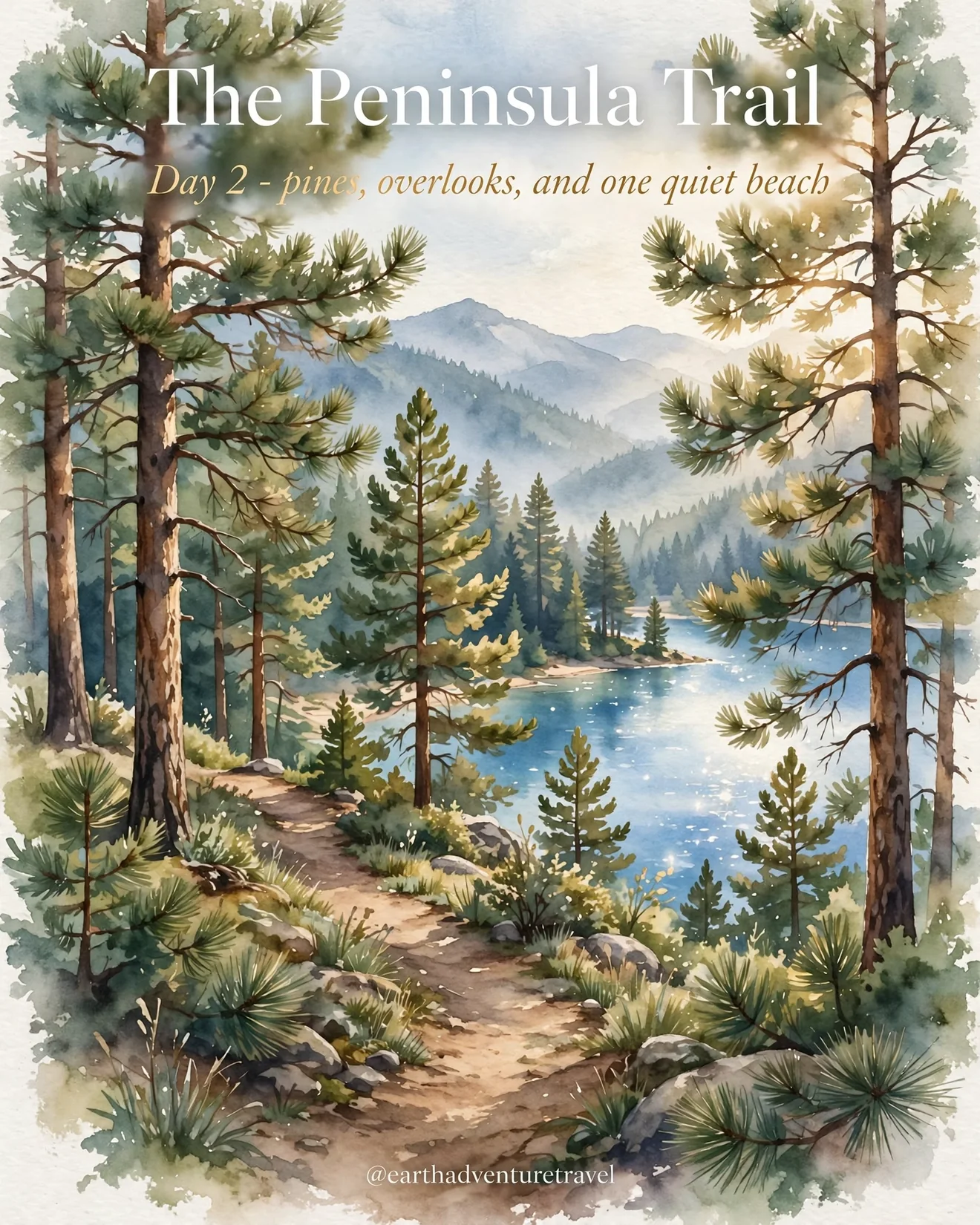 Day 2 itinerary card: a pine trail opening to a lake overlook