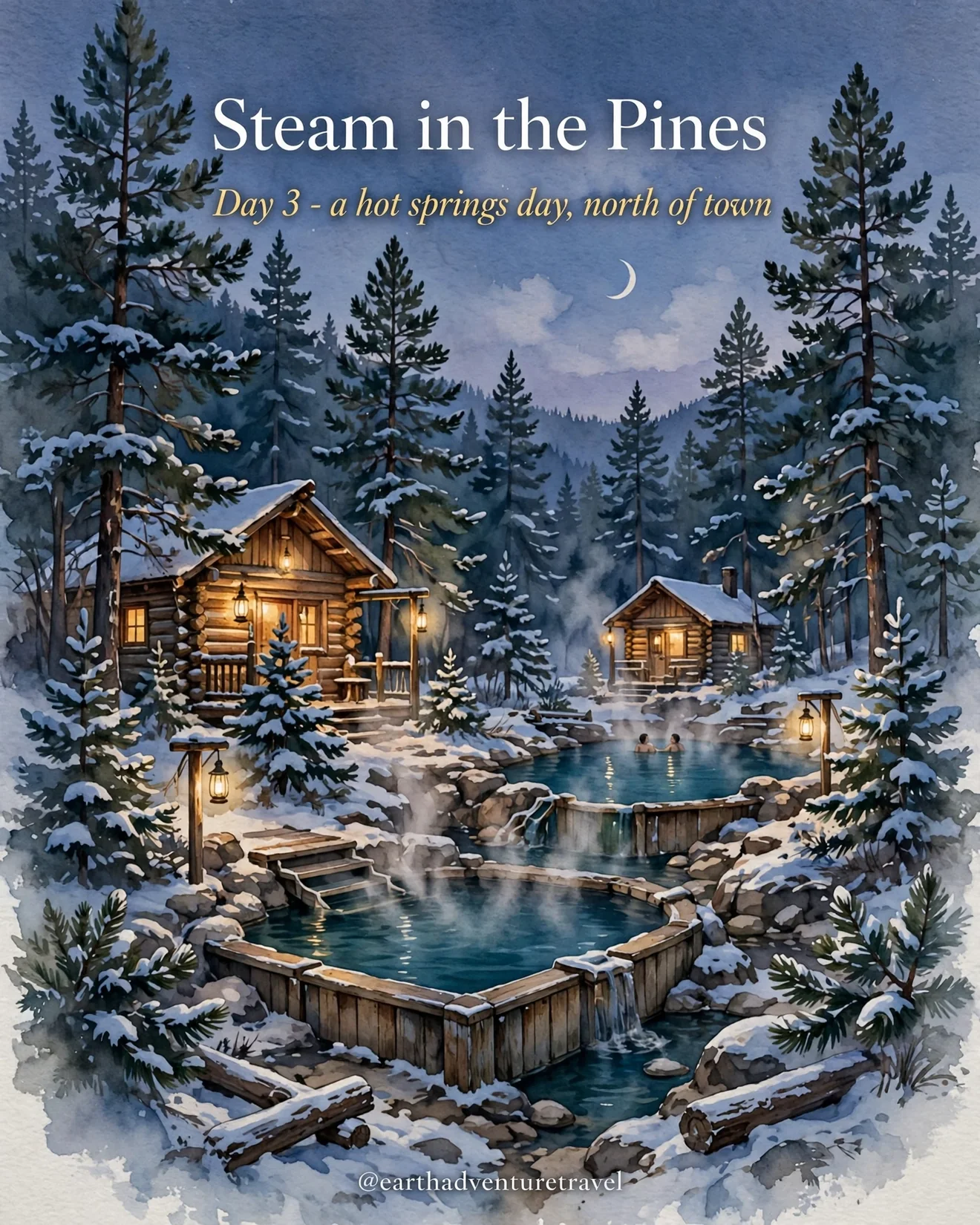 Day 3 itinerary card: steaming hot springs pools among snowy pines at dusk