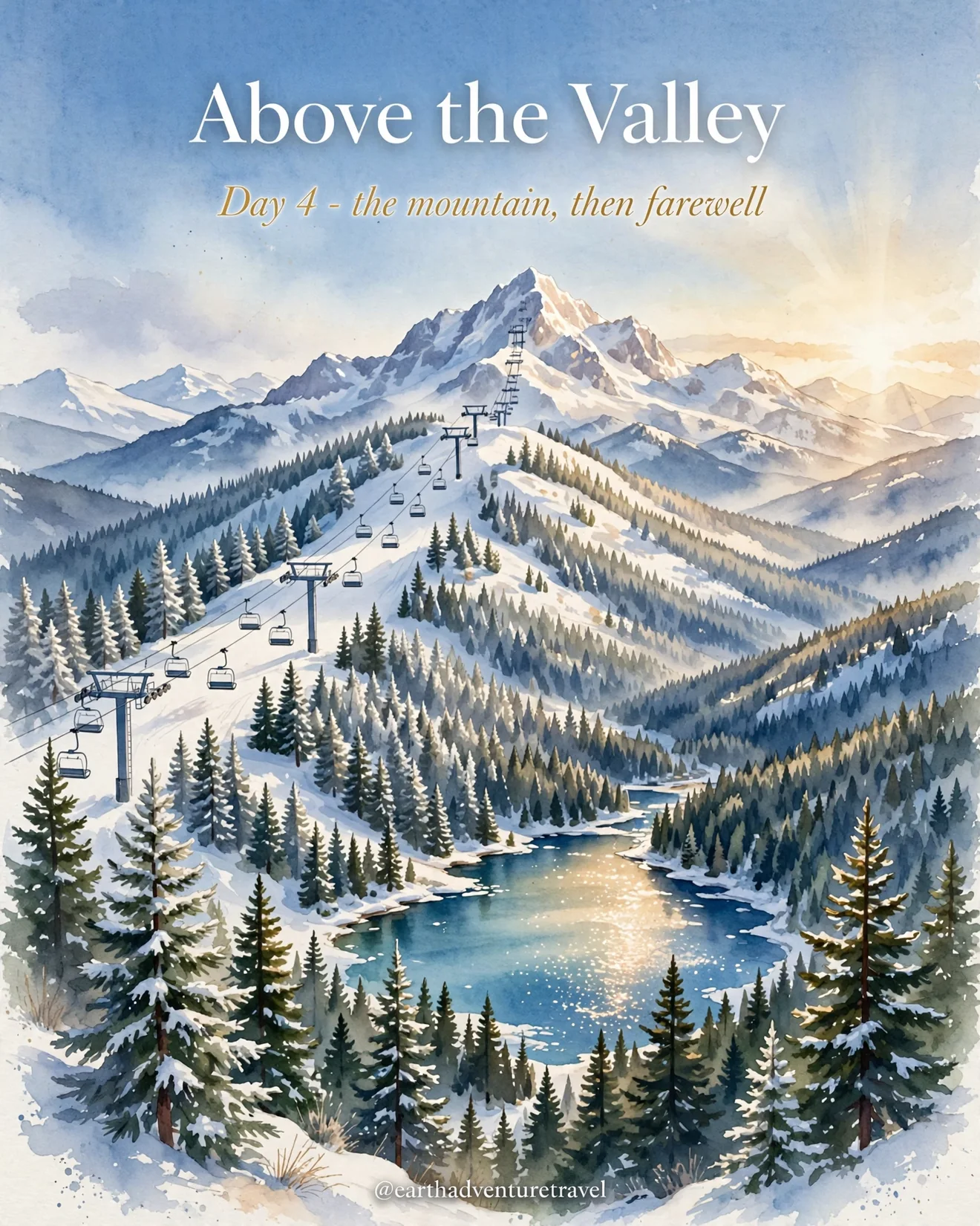 Day 4 itinerary card: a chairlift rising toward a snowy peak above an alpine lake