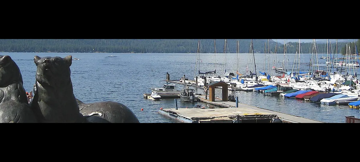 Bear sculptures and the marina on Payette Lake in McCall