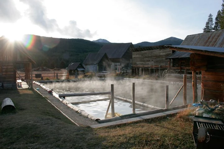 Steam rising over the outdoor pool at Burgdorf Hot Springs
