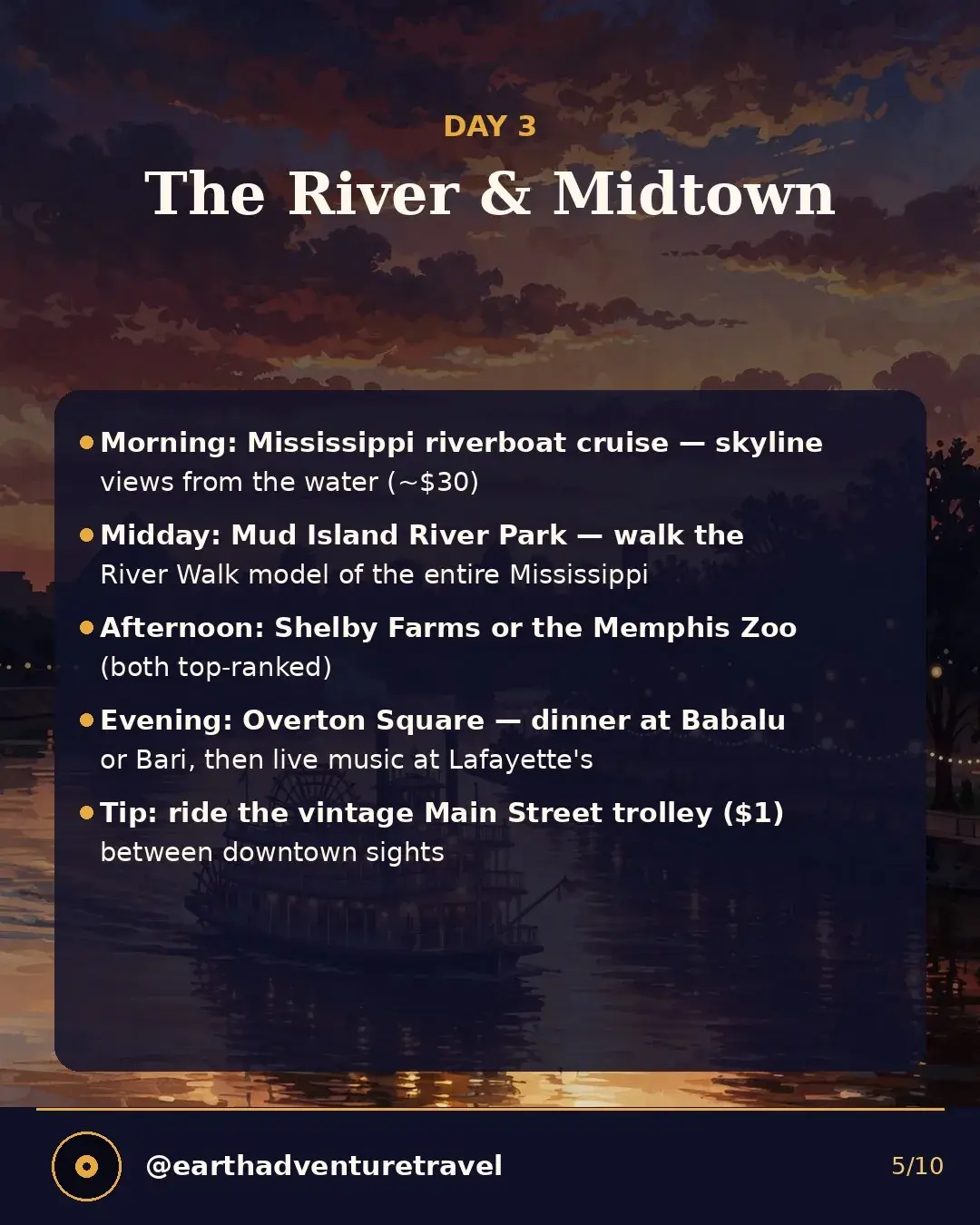 Day 3 graphic: Mississippi riverfront and midtown itinerary