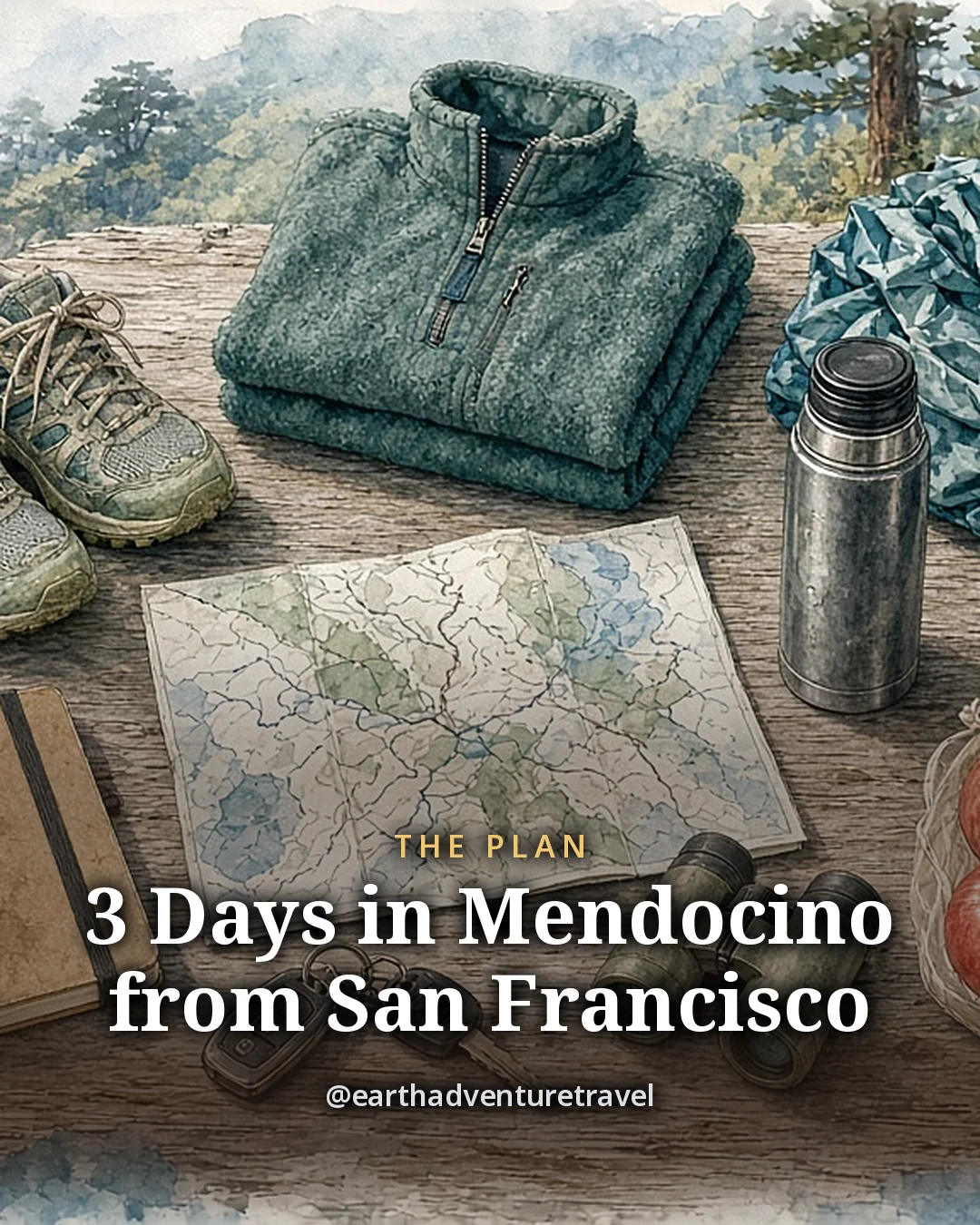 Illustration: trail shoes, a folded fleece, a packable rain shell, small binoculars, a steel thermos, a knit beanie, a car key, a field notebook and apples on a weathered grey table, original illustrated plan card for 3 days in Mendocino