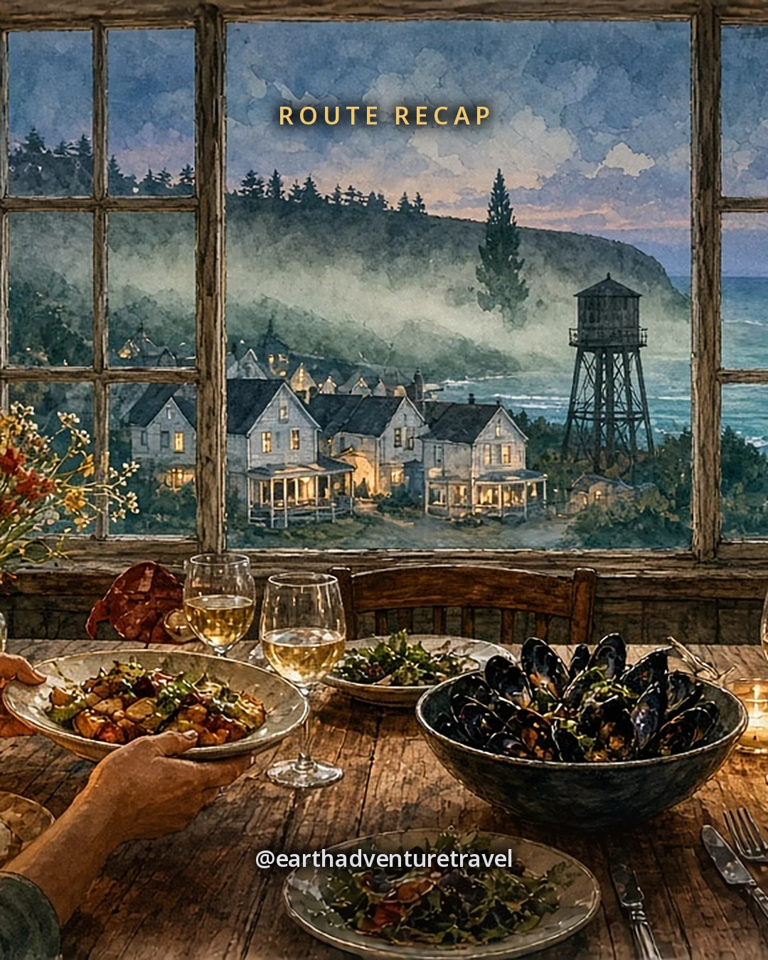 Illustration: a candlelit wooden table with shared plates, wine glasses, bread and mussels, hands passing plates, a window onto Mendocino village at blue dusk with a water tower silhouette and fog over the headland, original illustrated recap card