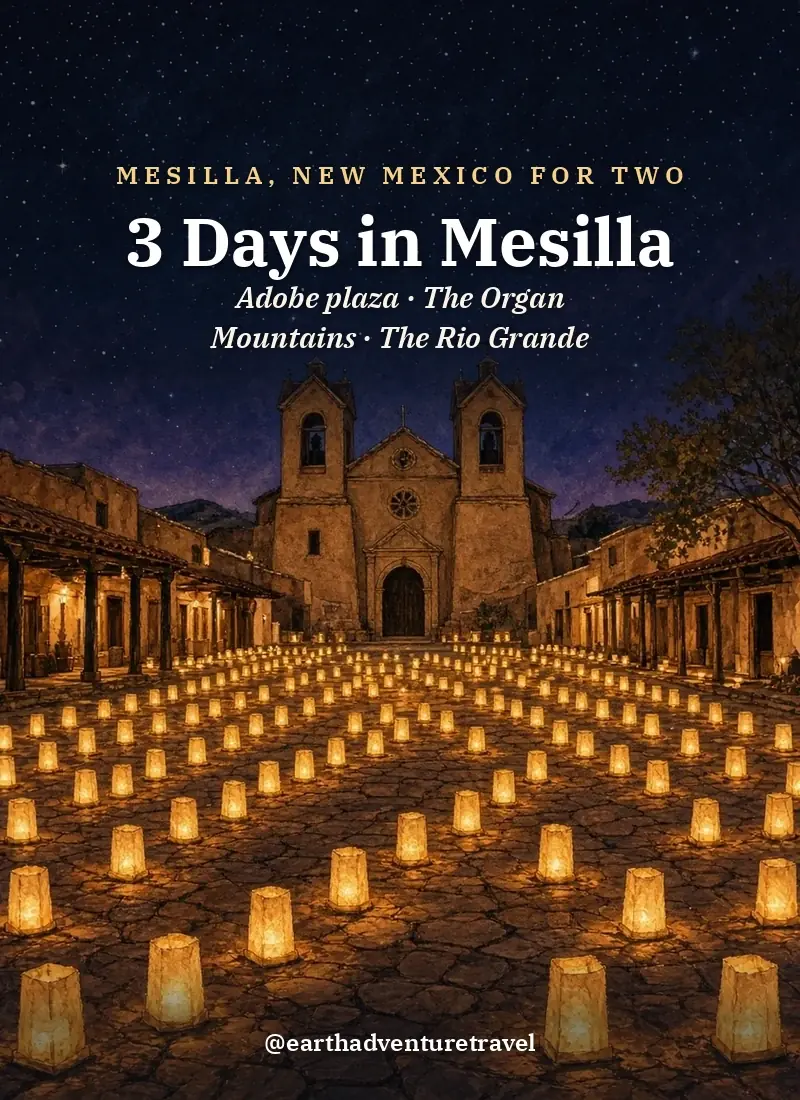 Original Illustration: luminarias along an adobe plaza with a twin-towered church in Mesilla at dusk