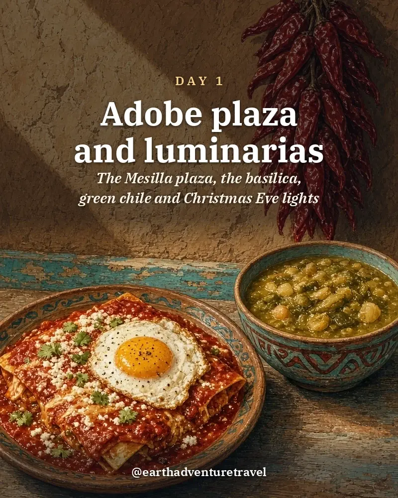 Illustrated day card: The Mesilla plaza, the basilica, green chile and Christmas Eve lights