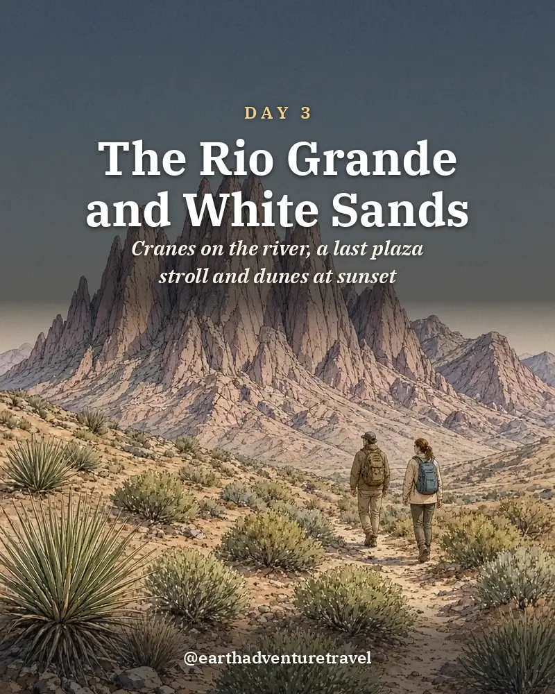 Illustrated day card: Cranes on the river, a last plaza stroll and dunes at sunset