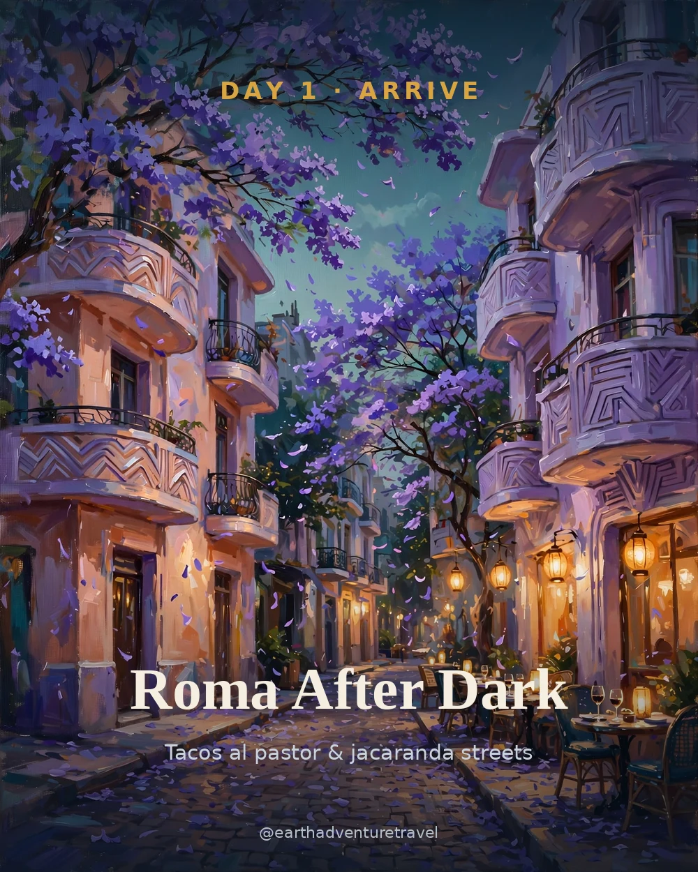 Illustrated day 1: Roma Norte street at dusk with jacaranda trees