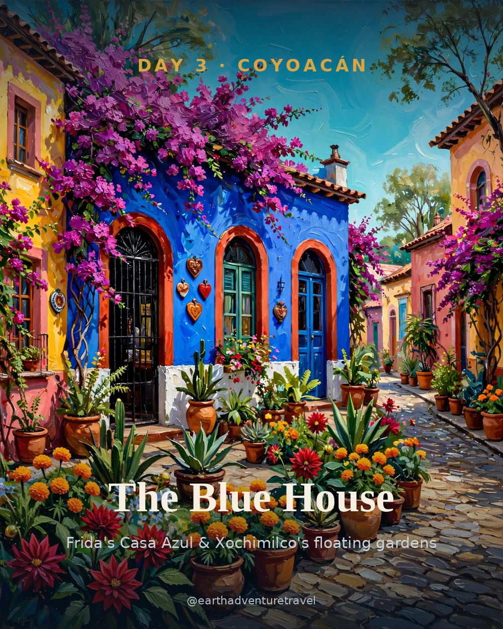 Illustrated day 3: Frida Kahlo's cobalt-blue Casa Azul with bougainvillea