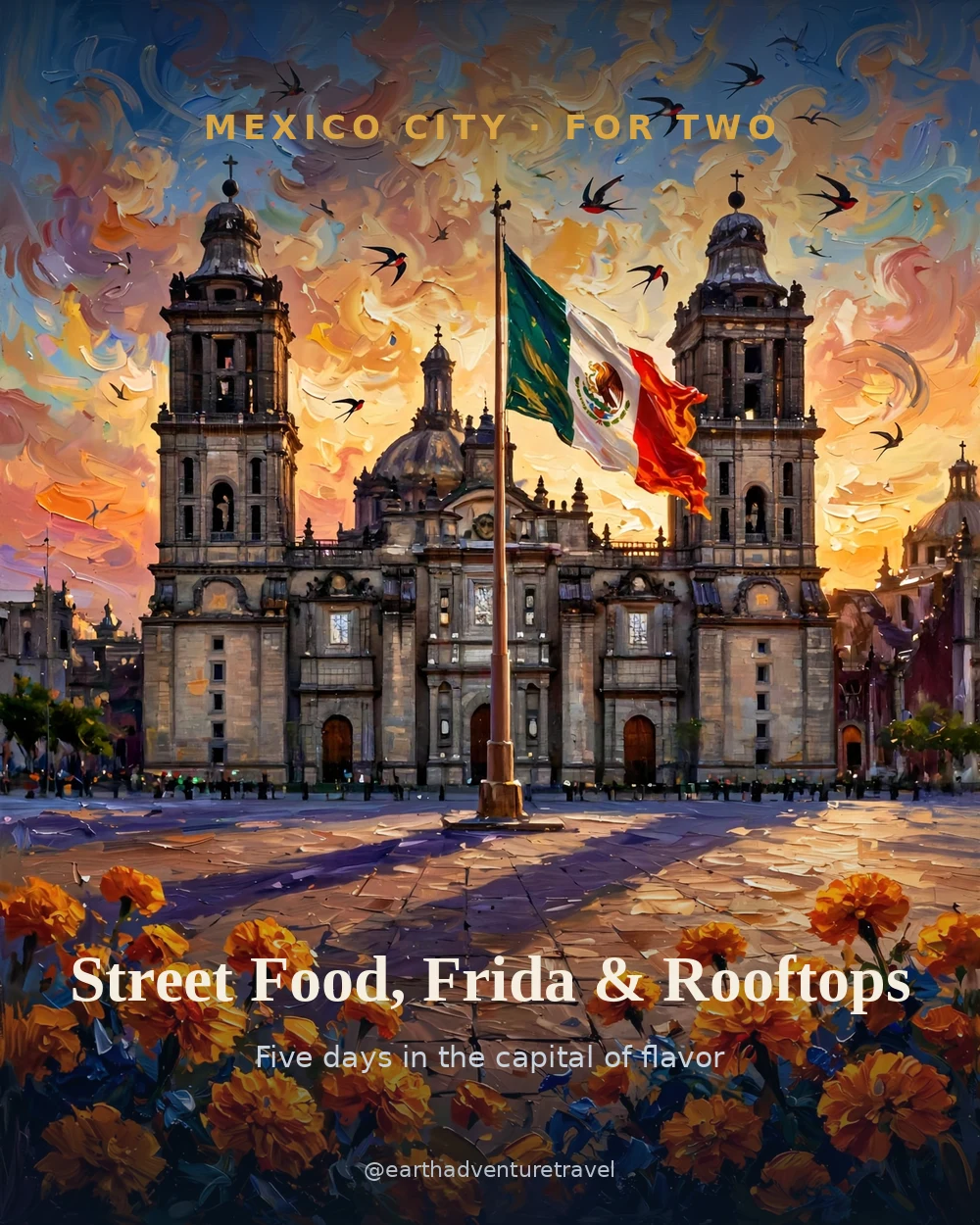 Illustrated Mexico City couples guide cover: the Metropolitan Cathedral on the Zócalo at golden hour