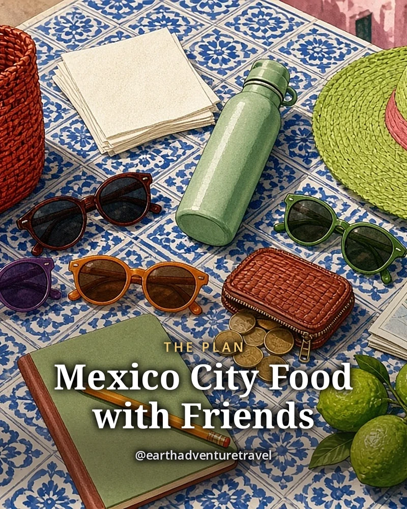 Illustration: a friends’ food-trip kit on a table of blue-and-white Talavera tiles, a woven market bag, a plain lucha libre mask, a coin purse, four pairs of sunglasses, a sun hat, a folded street map, a notebook and pencil, a water bottle and a bunch of limes, original illustrated plan card for 4 days in Mexico City