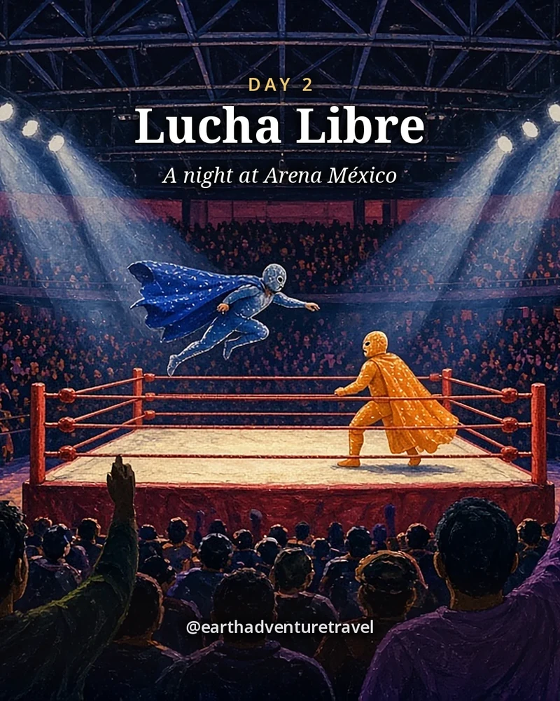 Illustration: a lucha libre night at Arena México, two masked wrestlers in bright costumes mid-leap in a ring under hard white lights, ropes and ring posts in the foreground, a roaring crowd in the dark stands and four friends from behind with raised arms, illustrated day card for Day 2