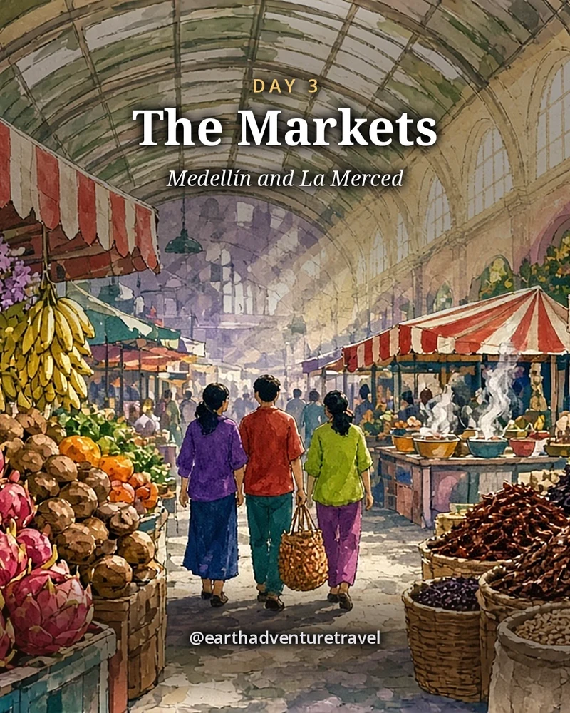 Illustration: inside a big covered Mexico City market, heaps of dried red and black chiles in sacks, pyramids of mangoes, papayas and limes, strings of garlic, a woman patting blue-corn tlacoyos on a comal and two friends with a paper bag, illustrated day card for Day 3