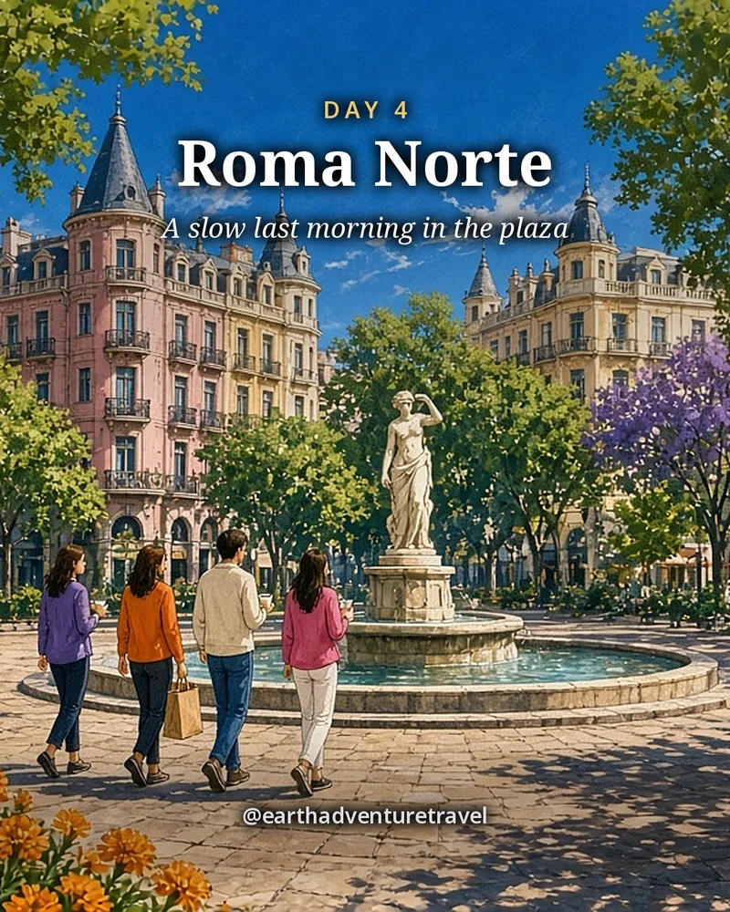 Illustration: Plaza Río de Janeiro in Roma Norte on a sunny morning, a round fountain with a copy of Michelangelo’s David at its centre, tall trees and benches, the turreted red-brick house on the corner behind, two friends with coffee cups on a bench, illustrated day card for Day 4