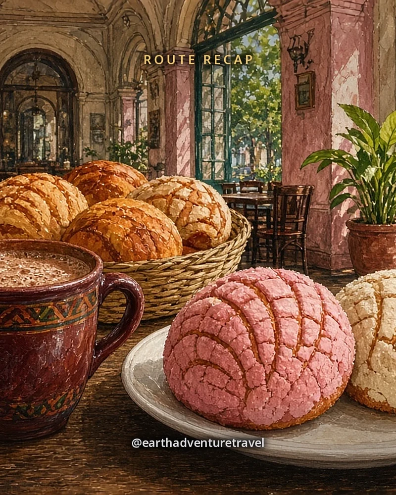 Illustration: a cup of thick, frothy Mexican hot chocolate beside a pink and a white concha on a plain plate on a dark wooden table in a high-ceilinged old dining room in the Centro, a basket of pan dulce behind, original illustrated recap card