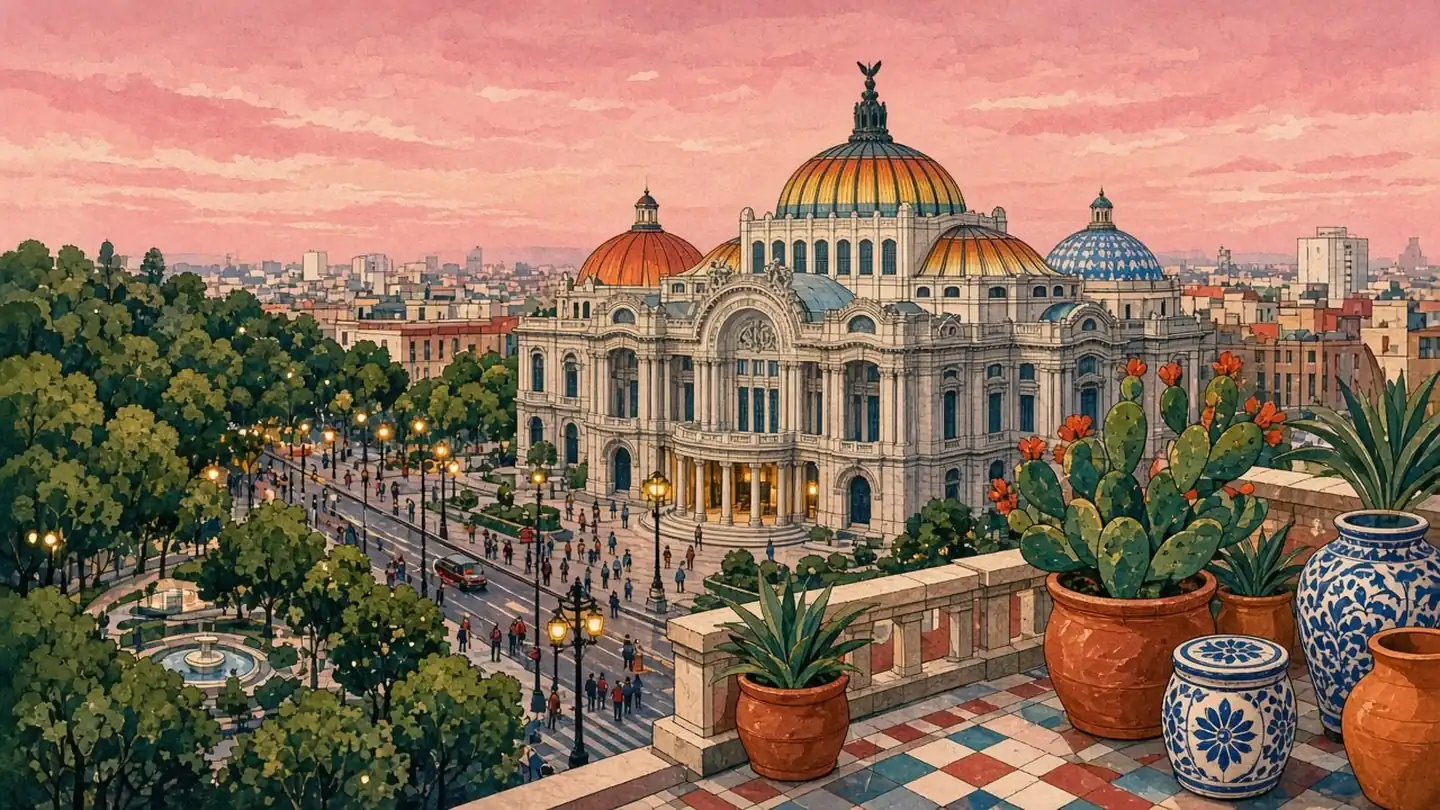Illustration: Palacio de Bellas Artes at dusk, from across Avenida Juárez (illustration).