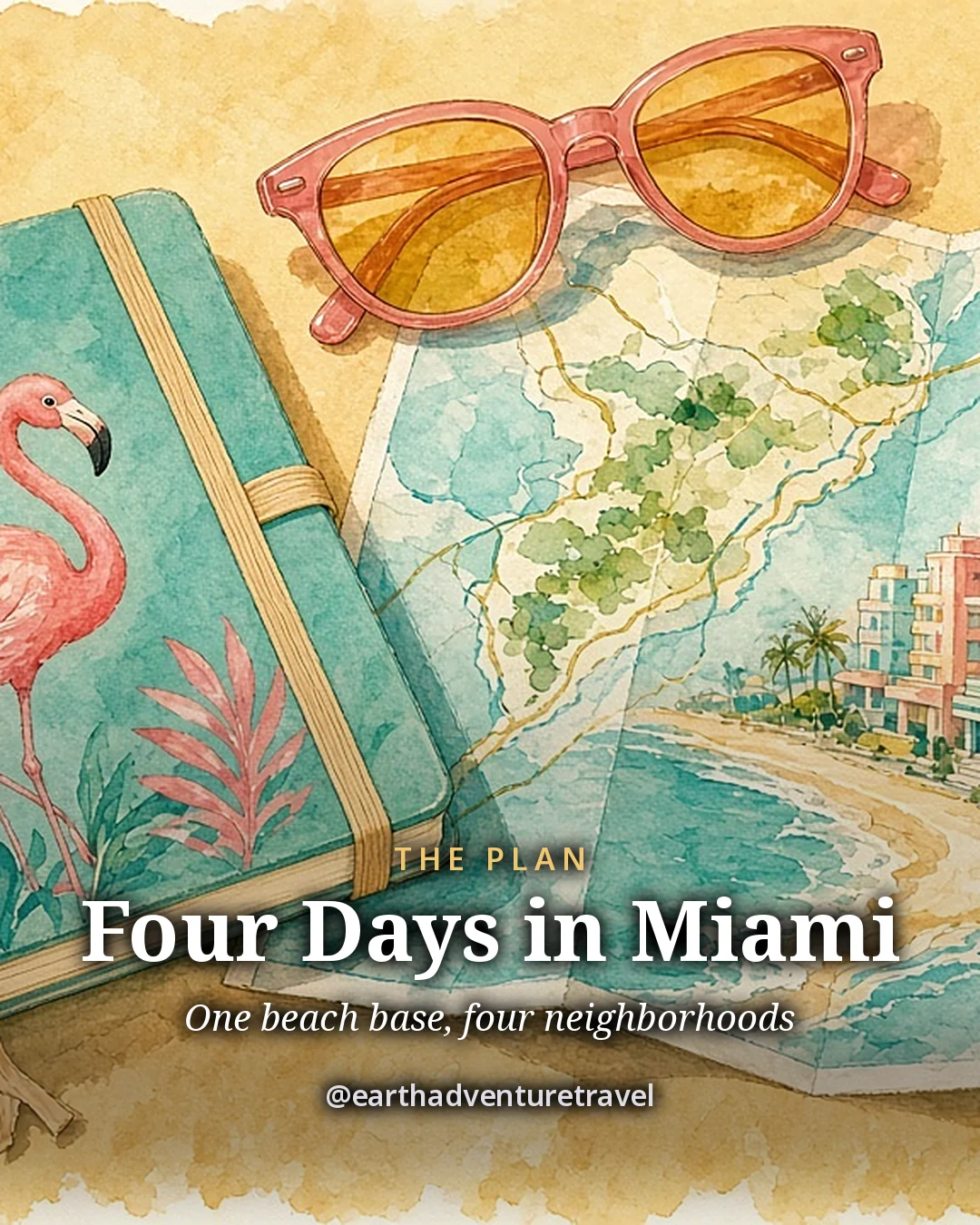 Illustration: a flamingo notebook, a folded map of Miami Beach, pink sunglasses, a conch shell and a cup of coffee on a sunny table, original illustrated plan card for 4 days in Miami