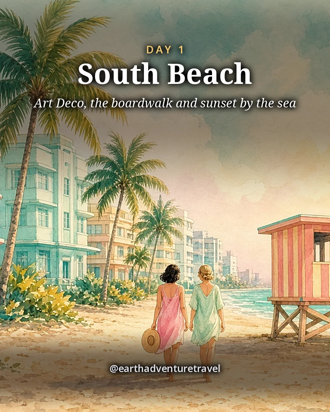 Illustration: two friends walking across the sand past pastel Art Deco hotels and palms toward a pink lifeguard hut, illustrated day card for Day 1