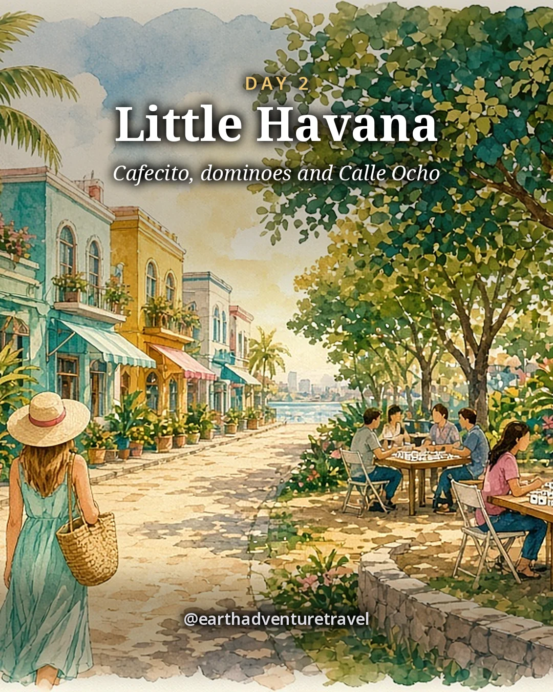 Illustration: friends walking past colorful shopfronts beside a shady park where men play dominoes under a tree, illustrated day card for Day 2