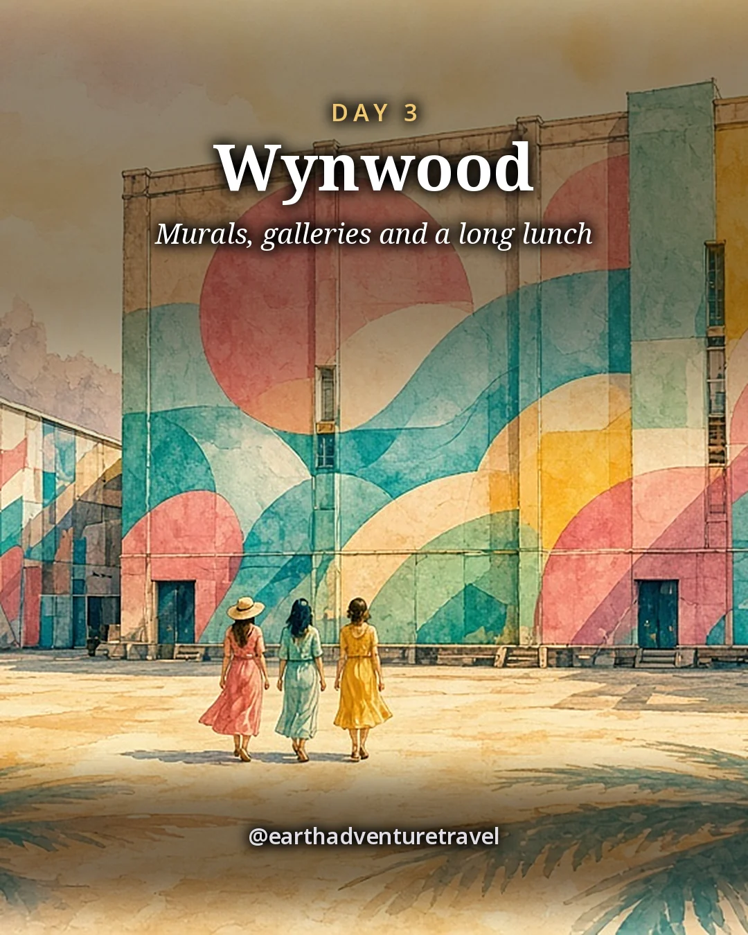 Illustration: three friends seen from behind walking toward a warehouse covered in huge pastel abstract murals, illustrated day card for Day 3