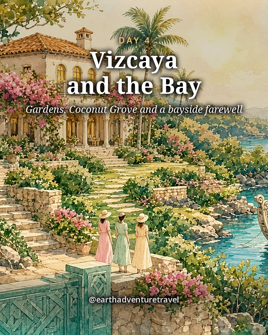 Illustration: a stone villa with terraced gardens above calm blue water and a carved stone barge, two friends on the garden steps, illustrated day card for Day 4