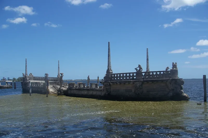 The carved stone barge breakwater in the bay in front of Vizcaya
