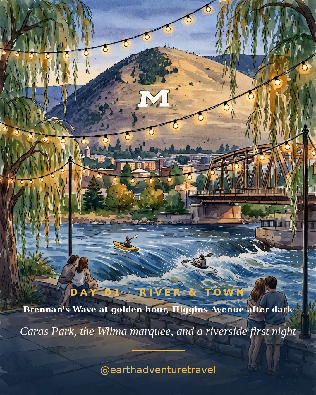 Day 1 graphic: Caras Park on the Clark Fork at golden hour with kayakers on Brennan's Wave