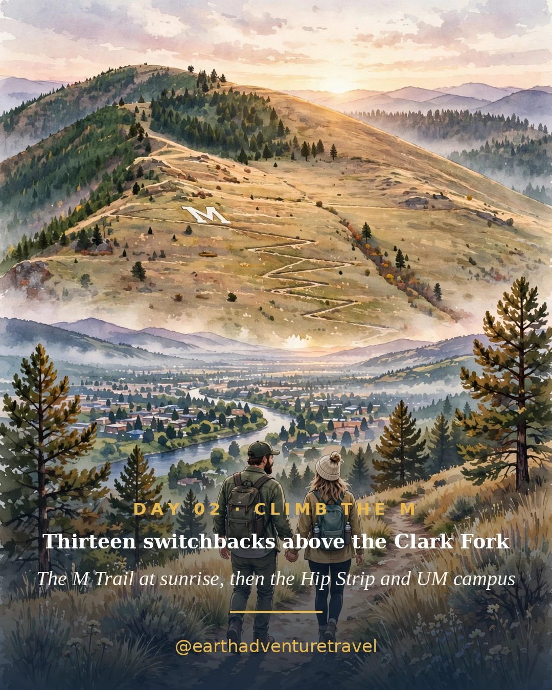 Day 2 graphic: hiking the M Trail switchbacks on Mount Sentinel at sunrise