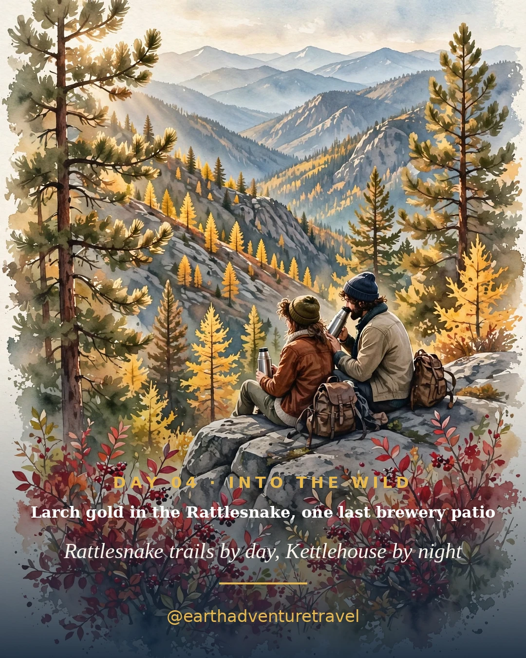 Day 4 graphic: golden larch in the Rattlesnake Wilderness above Missoula