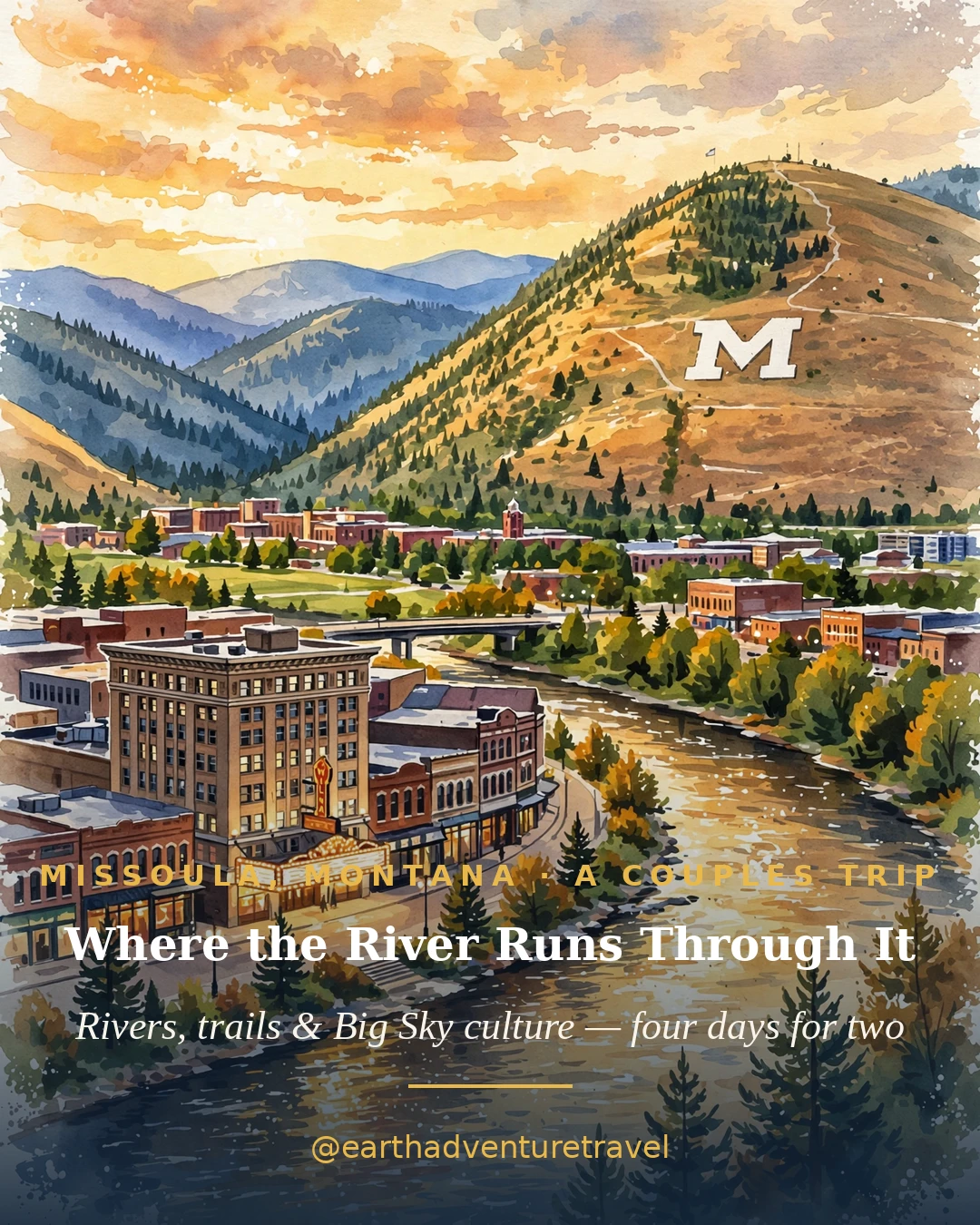 Illustrated Missoula couples guide cover: the Clark Fork River, downtown and the Wilma marquee below Mount Sentinel's white M at golden hour
