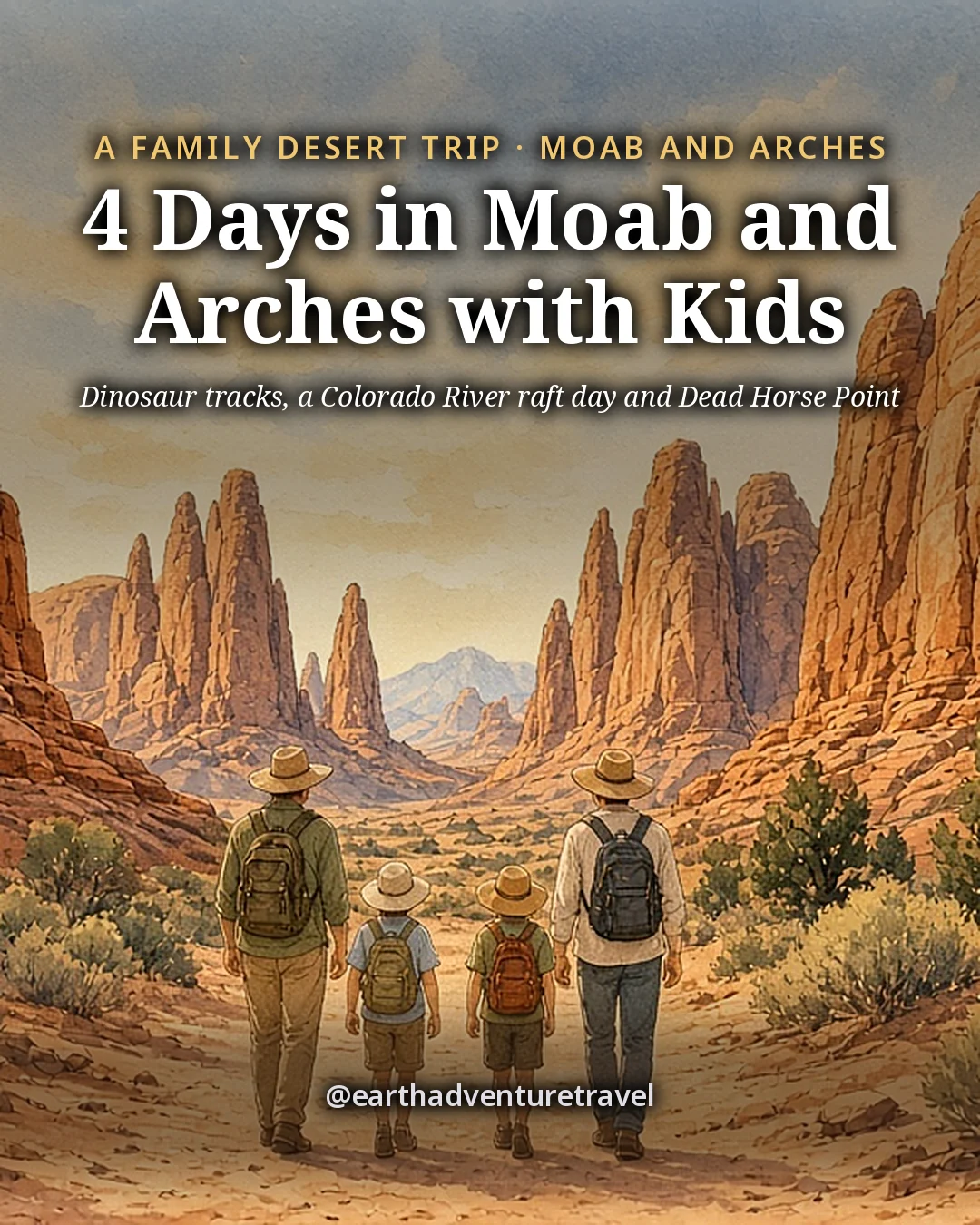 Illustration: the cover for 4 Days in Moab and Arches with Kids, a small family of four seen from behind walking the sandy trail into Park Avenue in Arches National Park, with tall red sandstone fins on both sides