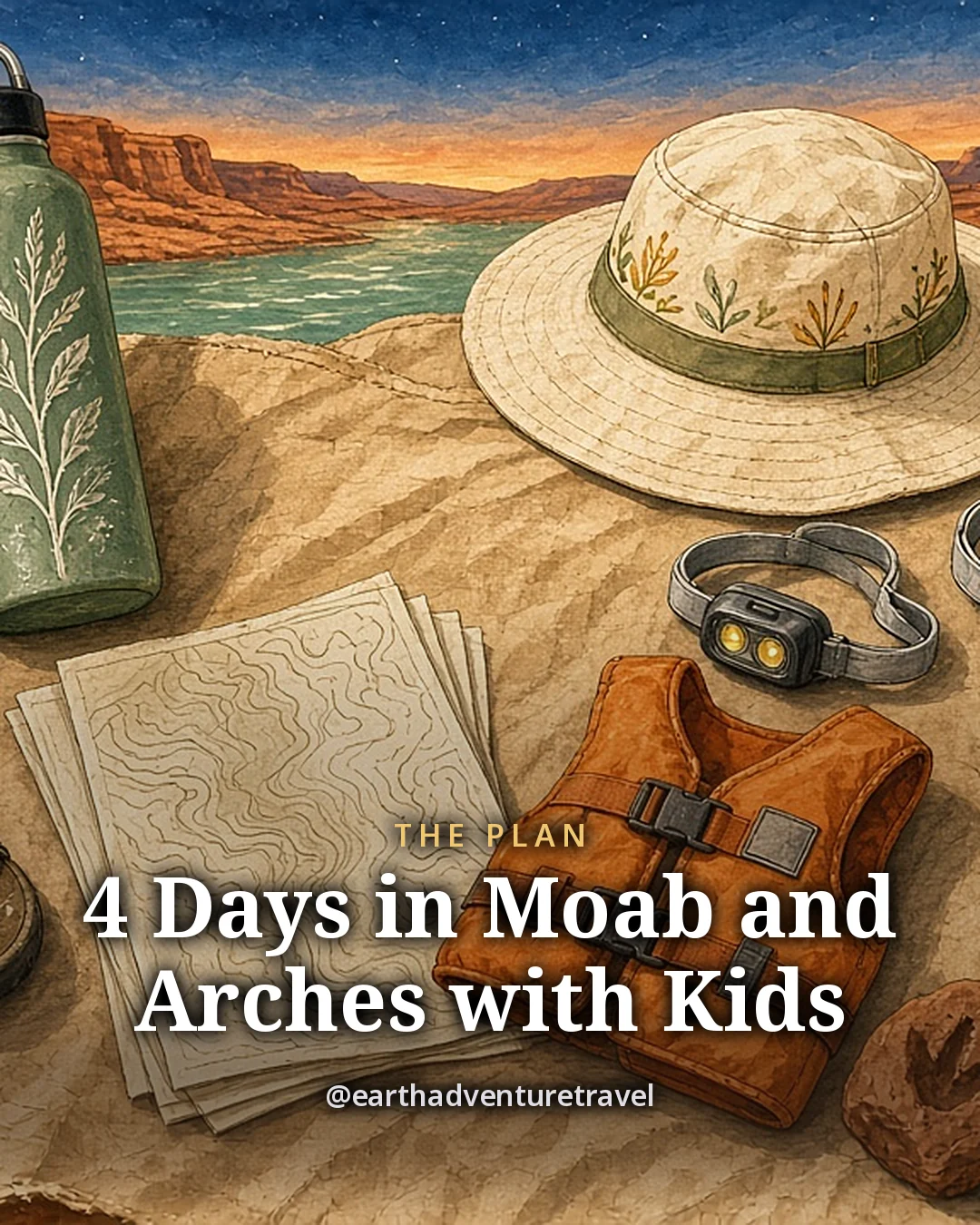 Illustration: two water bottles, a child’s sun hat, sunscreen, river sandals, a small orange life jacket, a folded blank trail map, two headlamps and a rock with a dinosaur-track print on worn canvas, original illustrated plan card for 4 days in Moab and Arches with kids