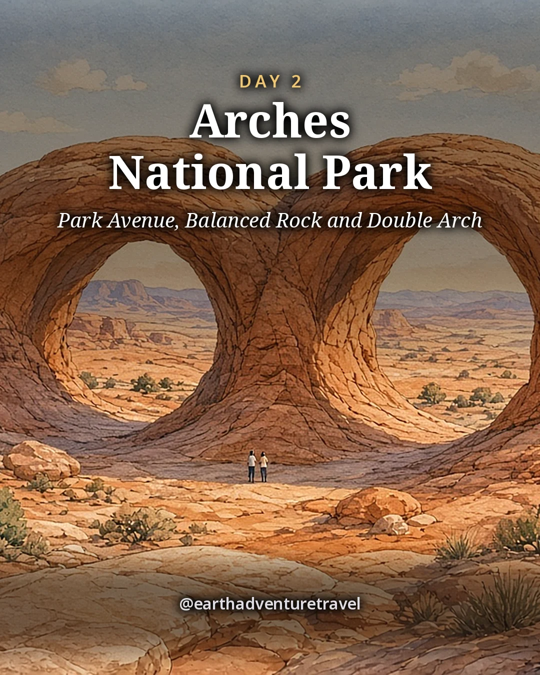 Illustration: Double Arch in Arches National Park, two huge sandstone arches joined at one end, with two tiny visitors in the shade beneath, illustrated day card for Day 2