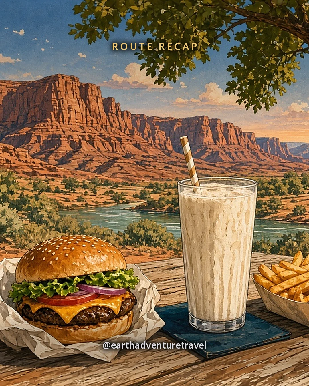Illustration: a burger in paper and a vanilla milkshake on a sun-faded picnic table outside a small burger stand, with red cliffs behind and a child’s hand reaching for a fry, original illustrated recap card