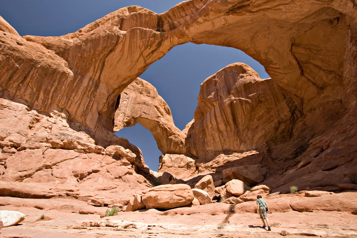 Double Arch in Arches National Park, two sandstone arches joined at one end