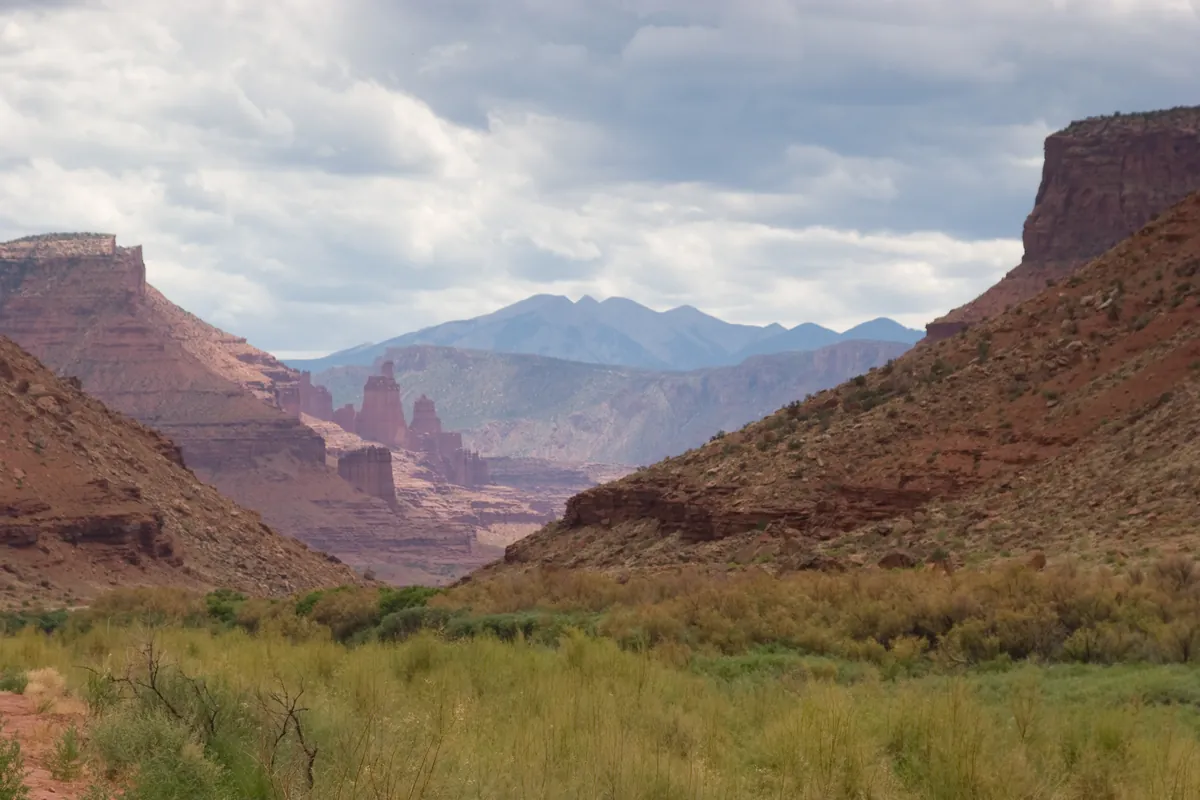 The Fisher Towers with the La Sal Mountains behind, near Moab
