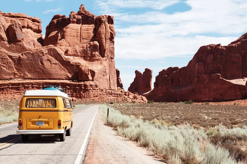 The Arches National Park entrance area with red rock behind